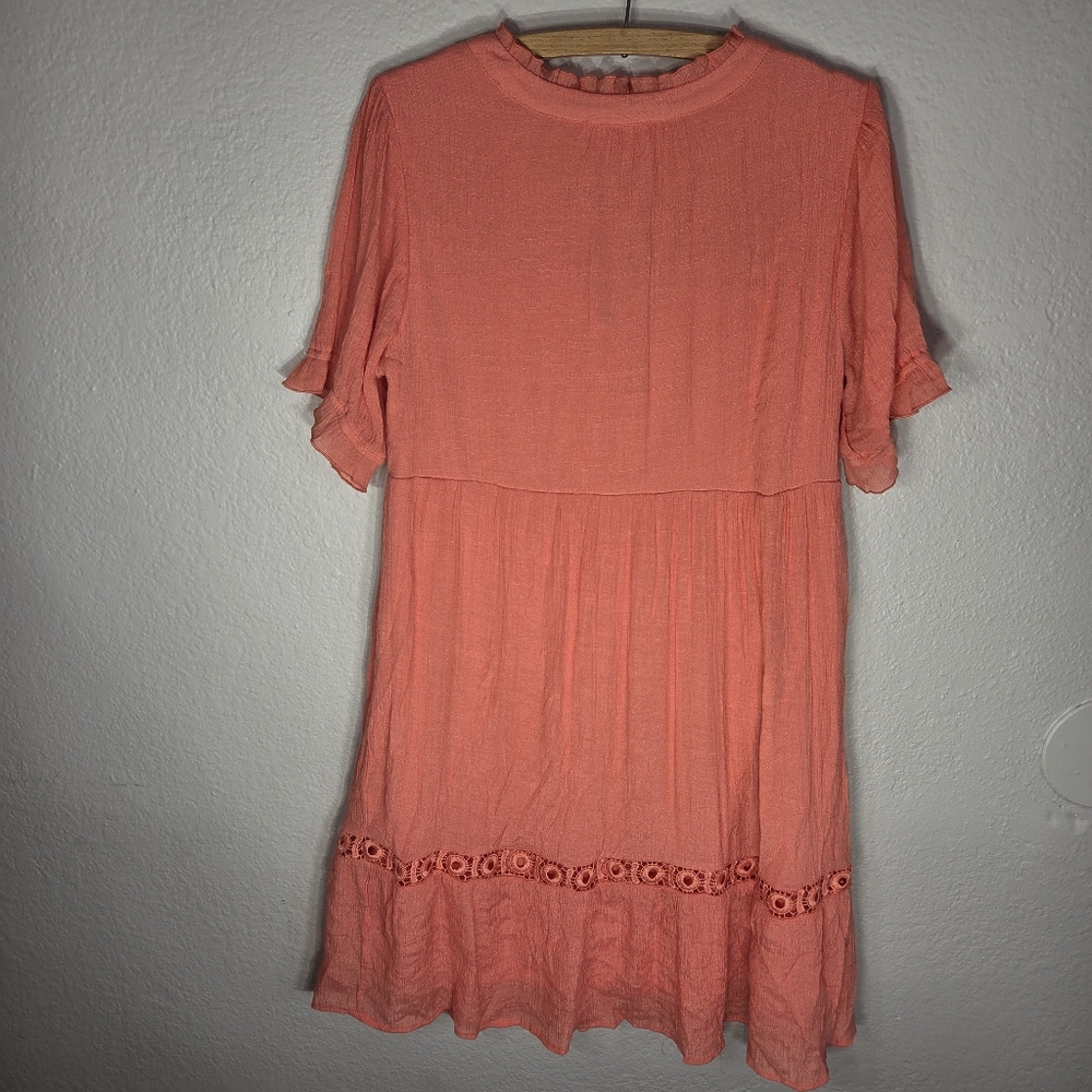 Indigo Rose Orange Size L Mini Swing Dress Embroidered Short Sleeves V-Neck - Picture 2 of 16